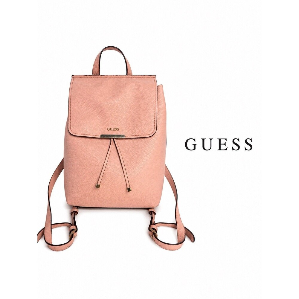 GUESS Pink Women’s Backpack Purse Flap Drawstring Logo Gold Hardware Strap